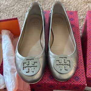 Tory Burch Silver Flats with Signature Logo and Slip-On Design